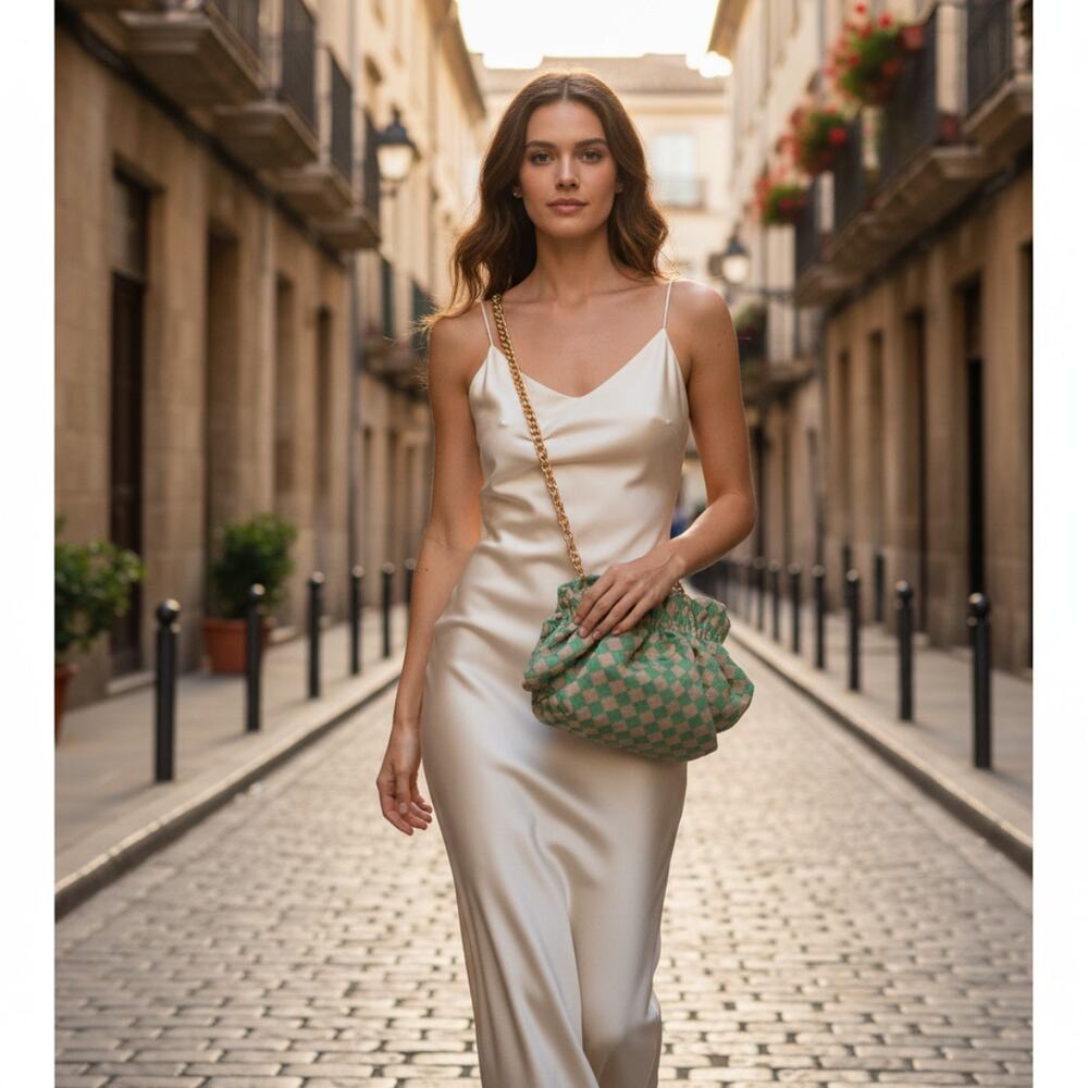 Loeffler Randall Woven Ribbon Crossbody Bag Green Tan Checkered NEW w/ Dust Bag